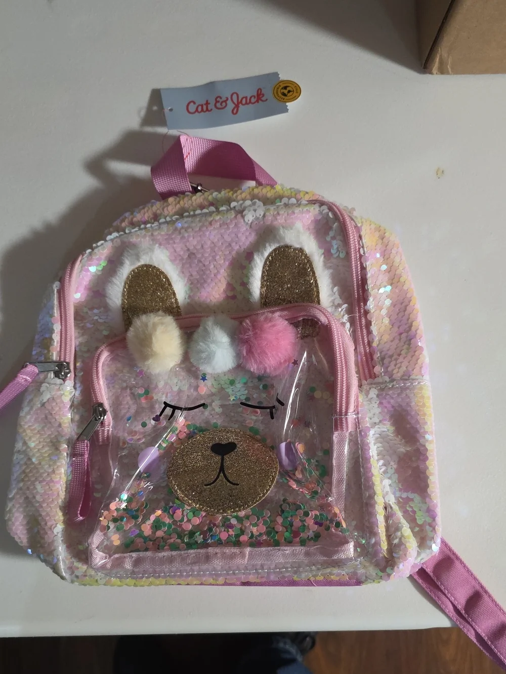 Cat & Jack Pink Sequin Kids Backpack with Bear Face and Pom-Poms